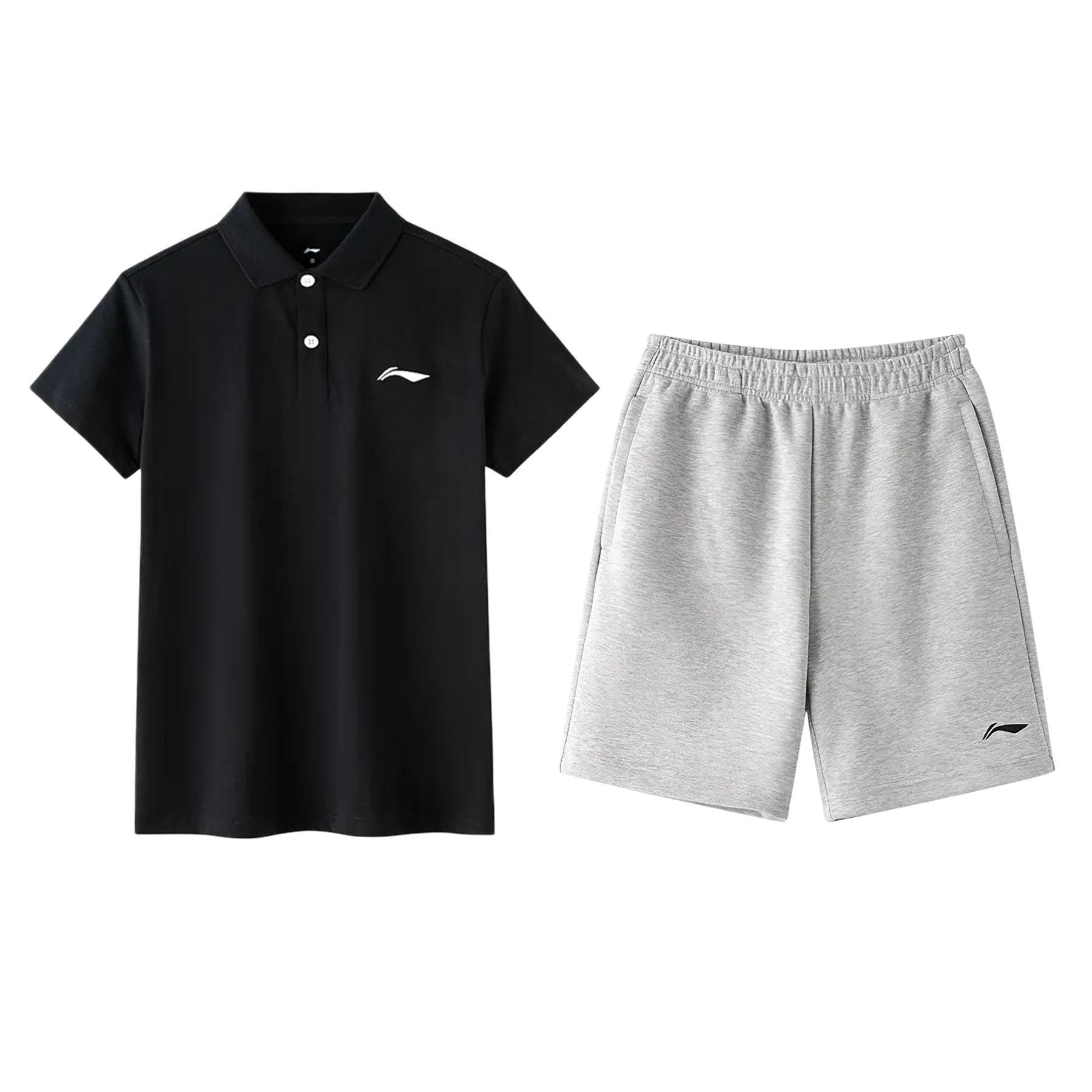 

Li Ning Summer Cotton Polo Short Sleeve Five-Point Shorts Fashion Daily Date Casual Sports Suit Men suit Black Gray APLW829-1+AKSW623-2 4XL