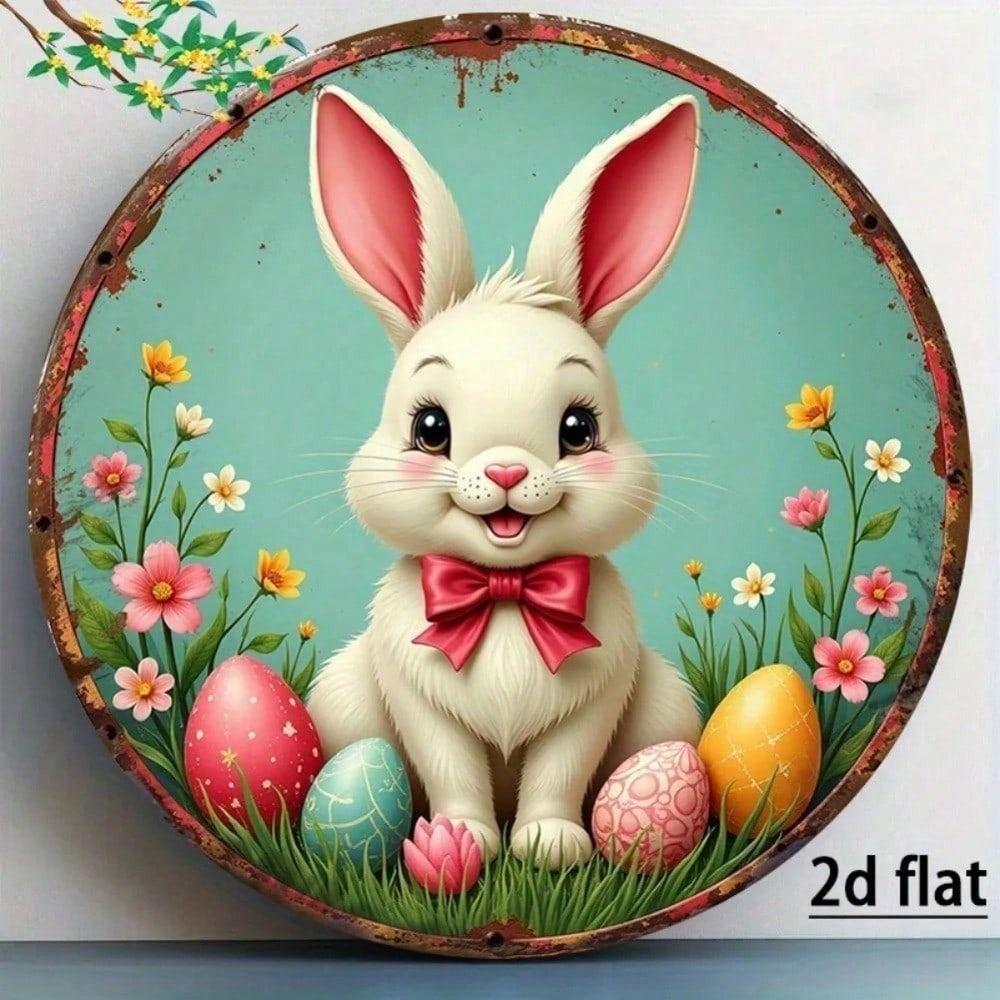 Metal Wall Art Easter Bunny with Egg and Wreath Round Farmhouse Decoration