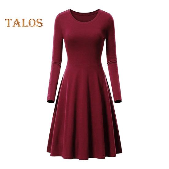 Spring Women Dress O Neck A-line Big Hem Long Sleeve Midi Dress Solid Color Loose Cut Dress for Daily Life Dating Parties