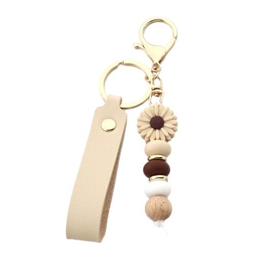 Aesthetic Key Ring Silicone Flower Keychain with Faux Leather Wristlet, Car Lanyard Pendant, Handbag Backpack Charm Wood Beads Bead Wristlet