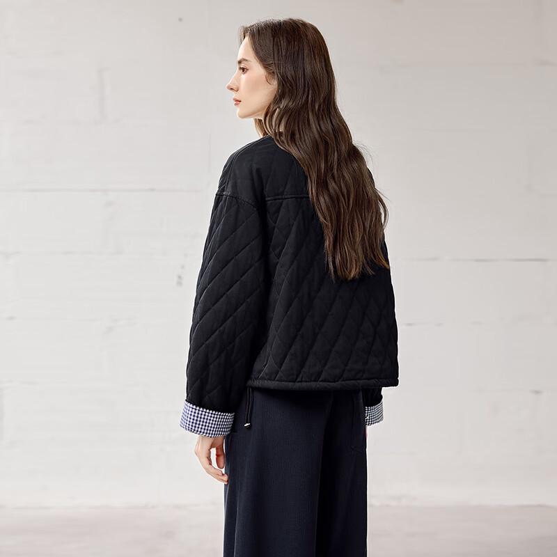 Ta Chi Women's Round Neck Plaid Patchwork Padded Jacket