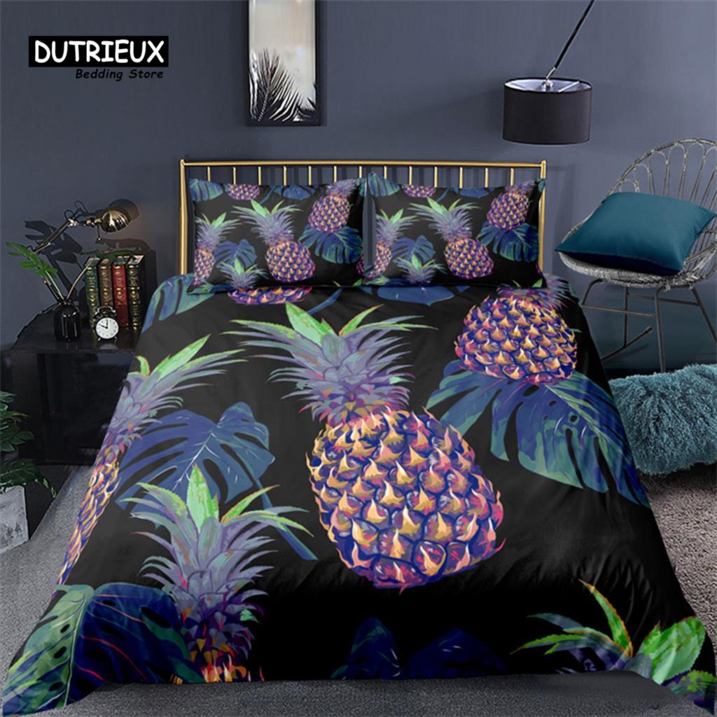 Funny Tropical Fruit Bedding Set Microfiber Pineapple Pear Geometric Pattern Duvet Cover With Pillowcases For Kids Bedroom Decor