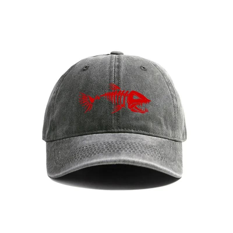 Fishbone Baseball Cap Summer Distressed Dad Hats Men Outdoor Fishing Skeleton Fish Bone Caps