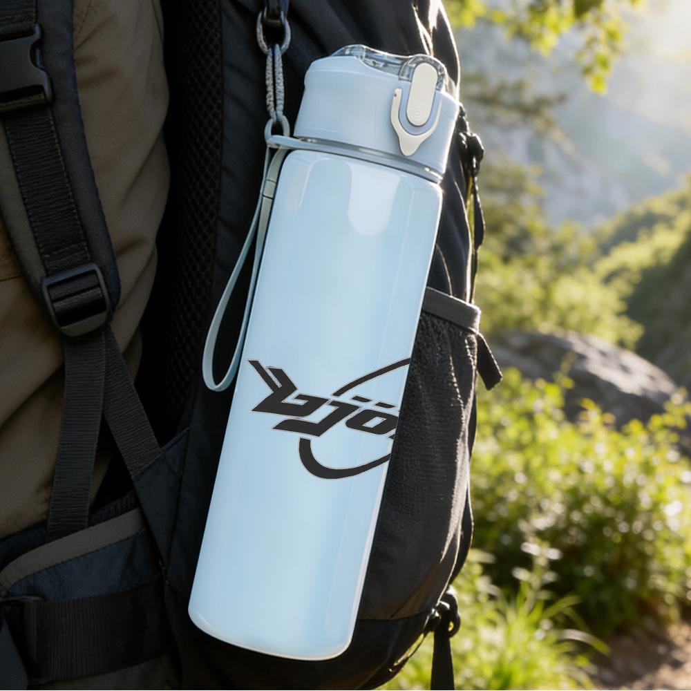 1PC Black wave cursive band text print 750ml colorful plastic sports water bottle leakproof pop up lid with straw for outdoor work home use