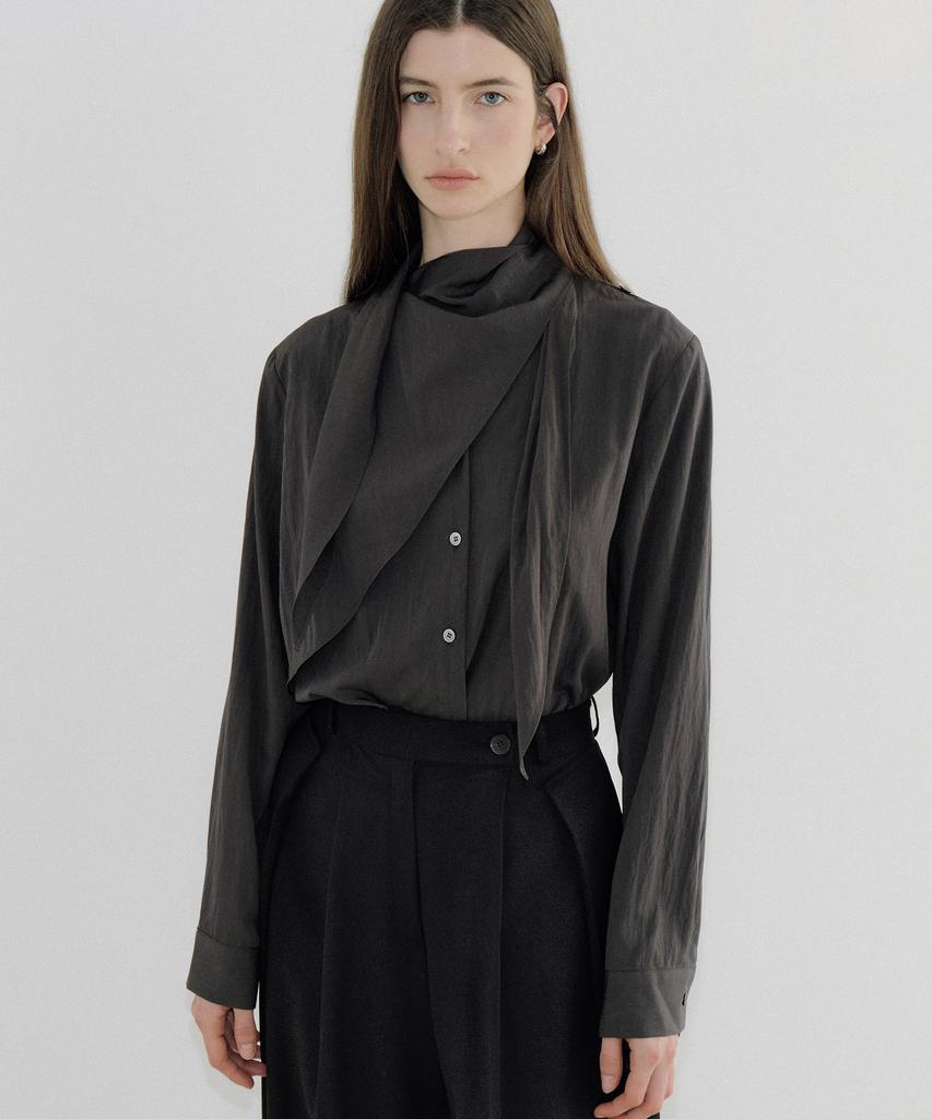 AWOKOMOSEU Double Layer Scarf Blouse (Charcoal) Orc 6114