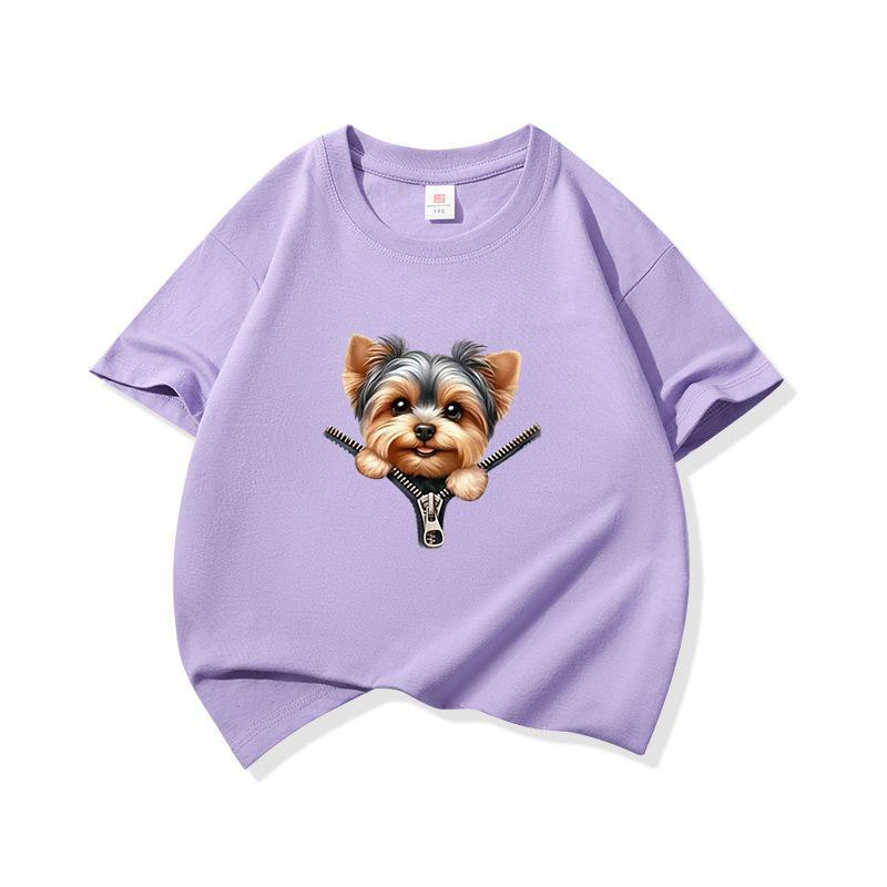 Kids Cotton T Shirt Sweet Yorkshire Terrier Dog Zipper Print Crew Neck Short Sleeve Tee Casual Breathable Boys Girls Summer Tops