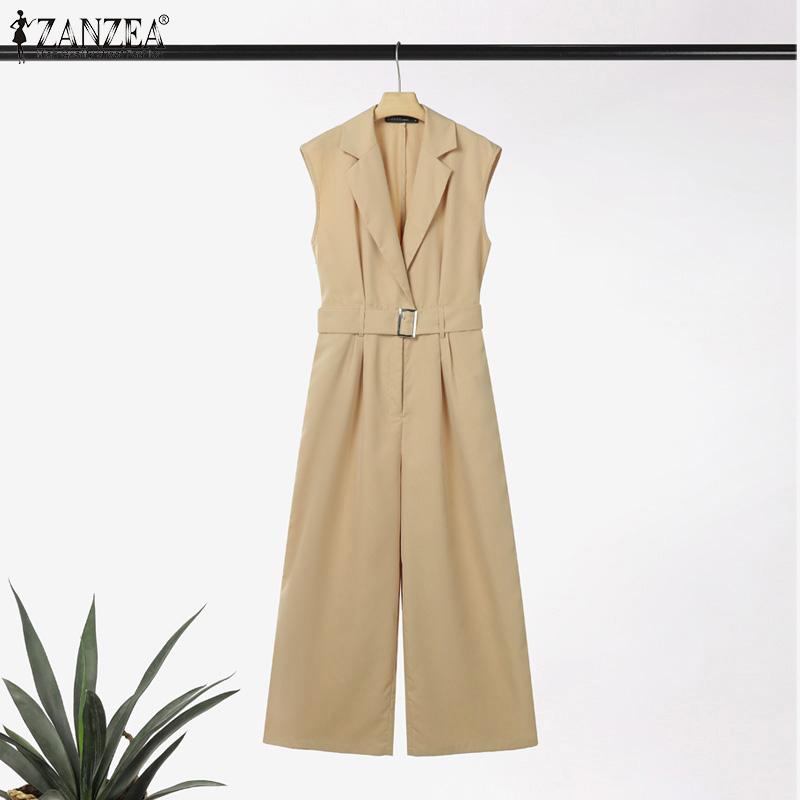 ZANZEA Womens Casual Turn Down Collar Loose Sleeveless Wide Leg Jumpsuits