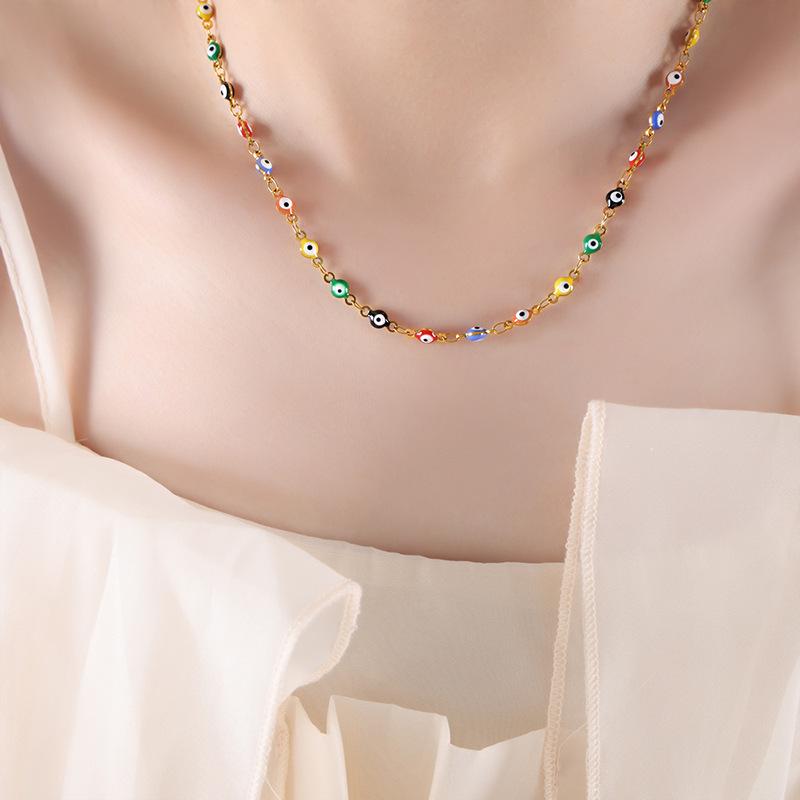 French Retro Colorful Enamel Titanium Steel Necklace & 18K Gold Bracelet - Versatile Personalized Niche Jewelry for Women