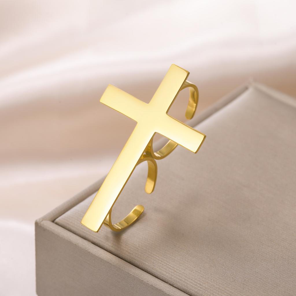 Kruisring voor Dames Heren Roestvrij Staal Verstelbare Kruis Twee Vinger Ring Delicaat Bruiloft Katholiek Christelijk Religieuze Geloof Cadeau