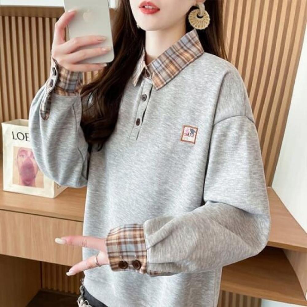Navava Long Sleeve Check Collar Sweatshirt Nt2286