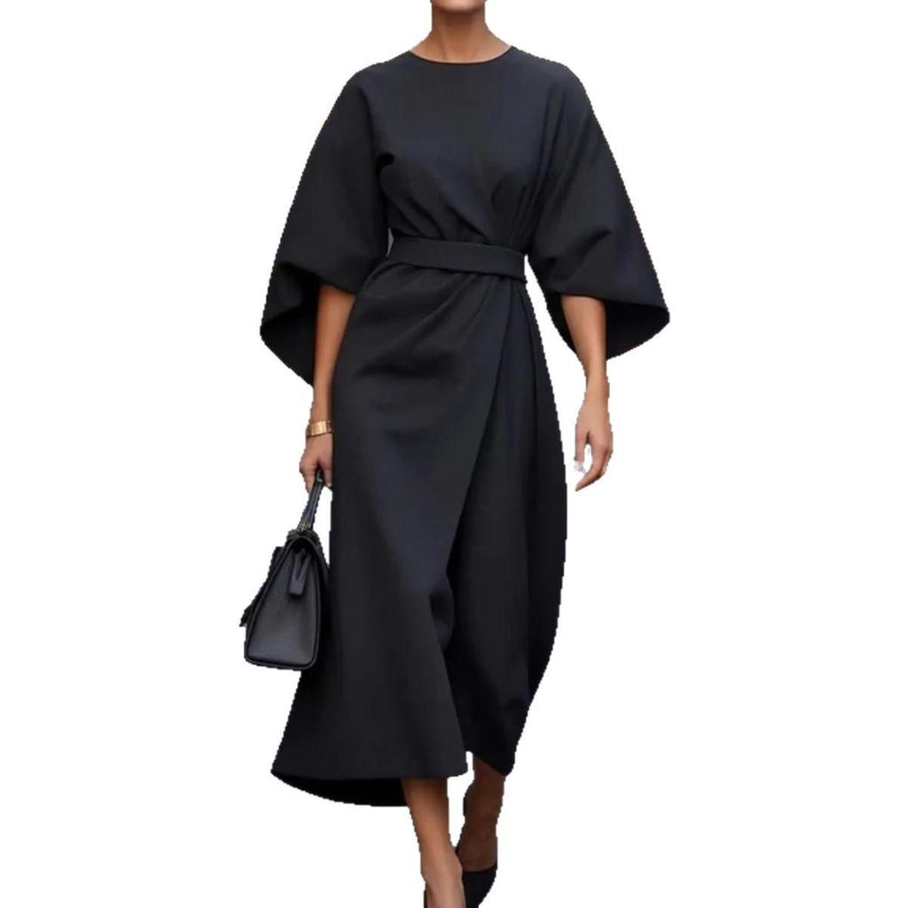 Damen 2026 Elegantes einfarbiges Taillengürtel Fledermausärmel Langes Kleid für Freizeit und formelle Anlässe