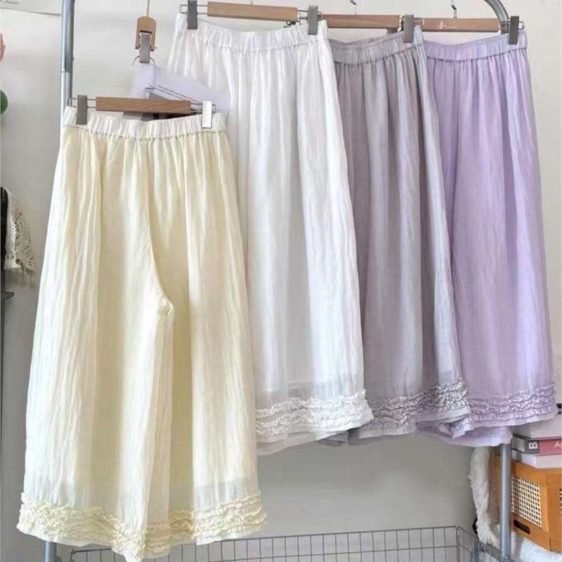 Johnature Lace Women Straight Leg Pants Vintage Solid Color Loose Casual Mori Elastic Waist Women Pants