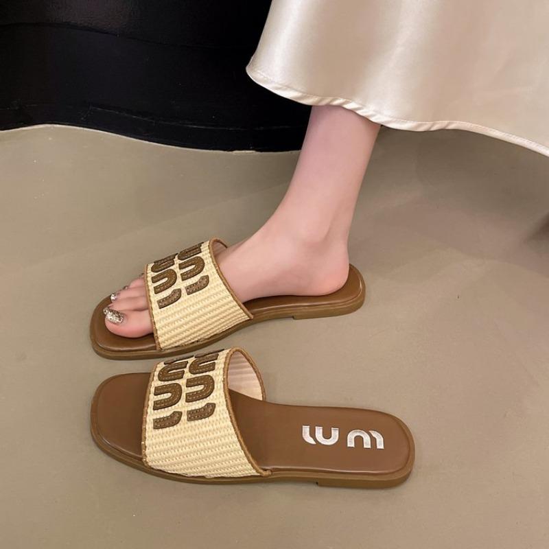 

Fashion Vintage Woven Women s Sandals Fashion Letter Woven Flat Slippers 2025 Summer Vacation Beach Slides Outer Wear slipper 35 коричневый