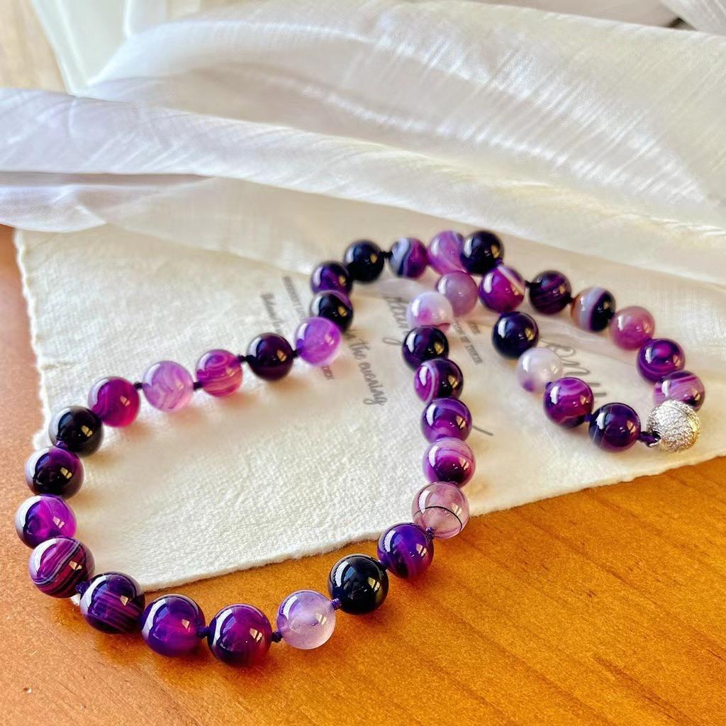 Vintage 12Mm Shujulai Natural Purple Chalcedony Agate Necklace Niche Purple Mysterious Clavicle Bead Chain
