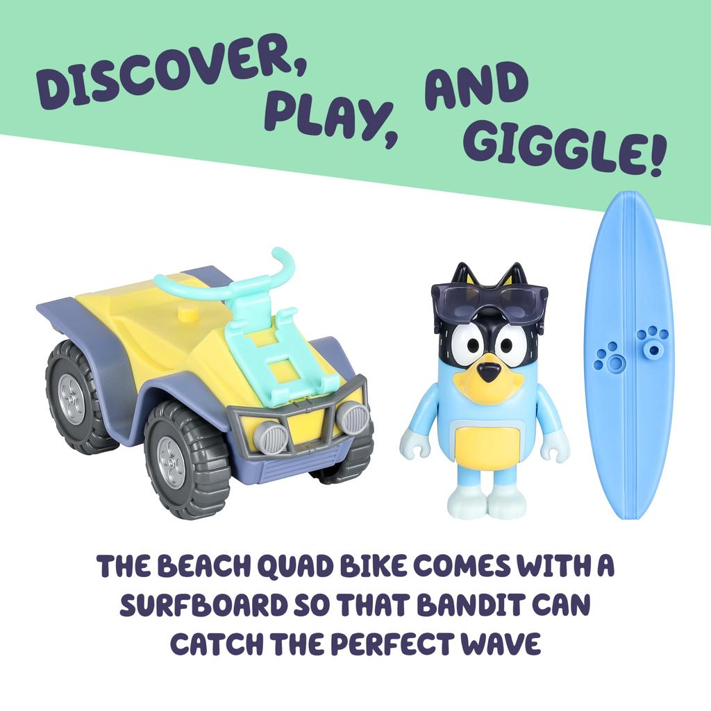 Bluey Bandit Surf Beach Toy Set, 3-Inch Poseable Bandit Figure, Beach Toy Kit with Sunglasses, Quad Bike, and Surfboard Accessories