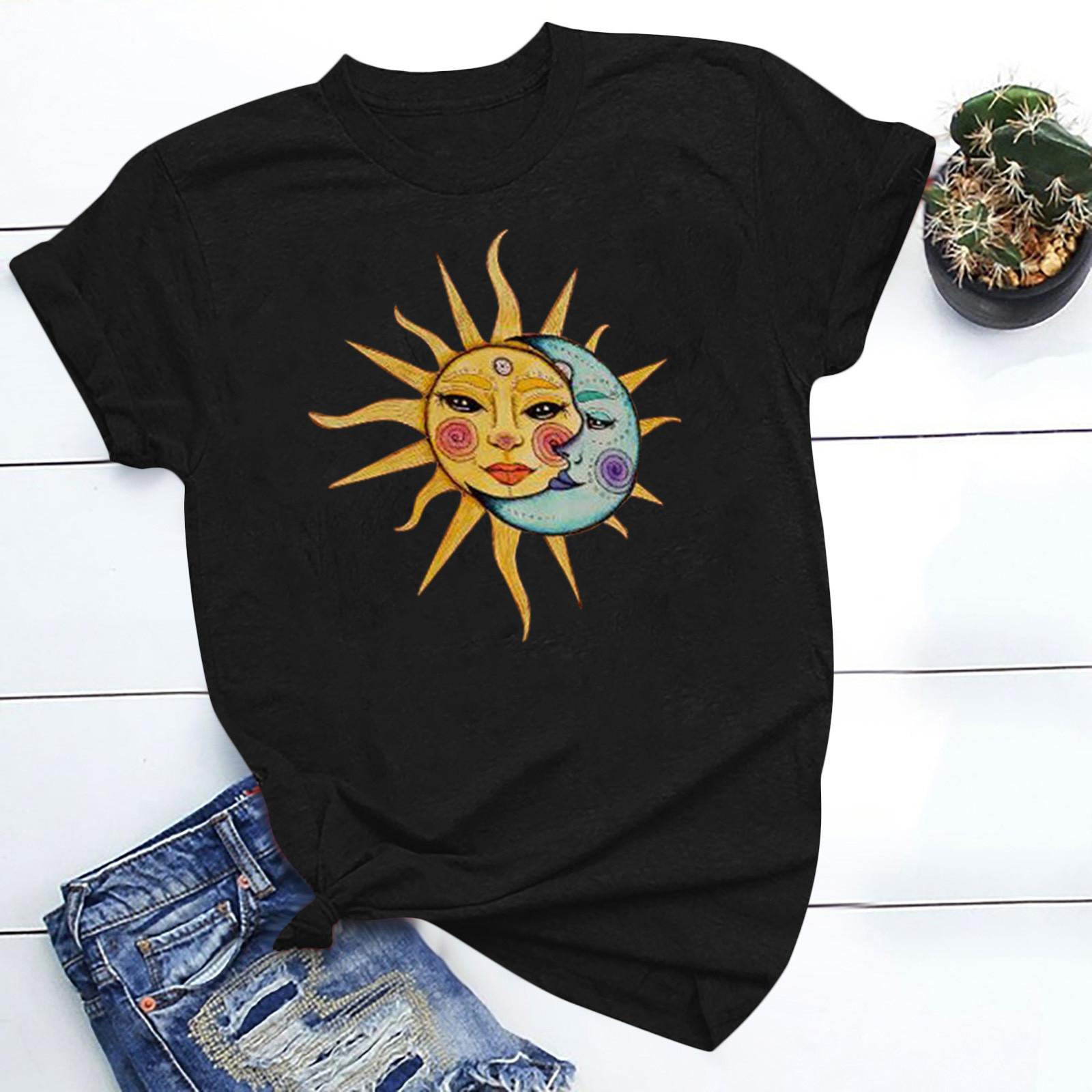 

Women s Vintage Printed Pattern Casual Fashion Soild Color Short Sleeve Tops M чёрный