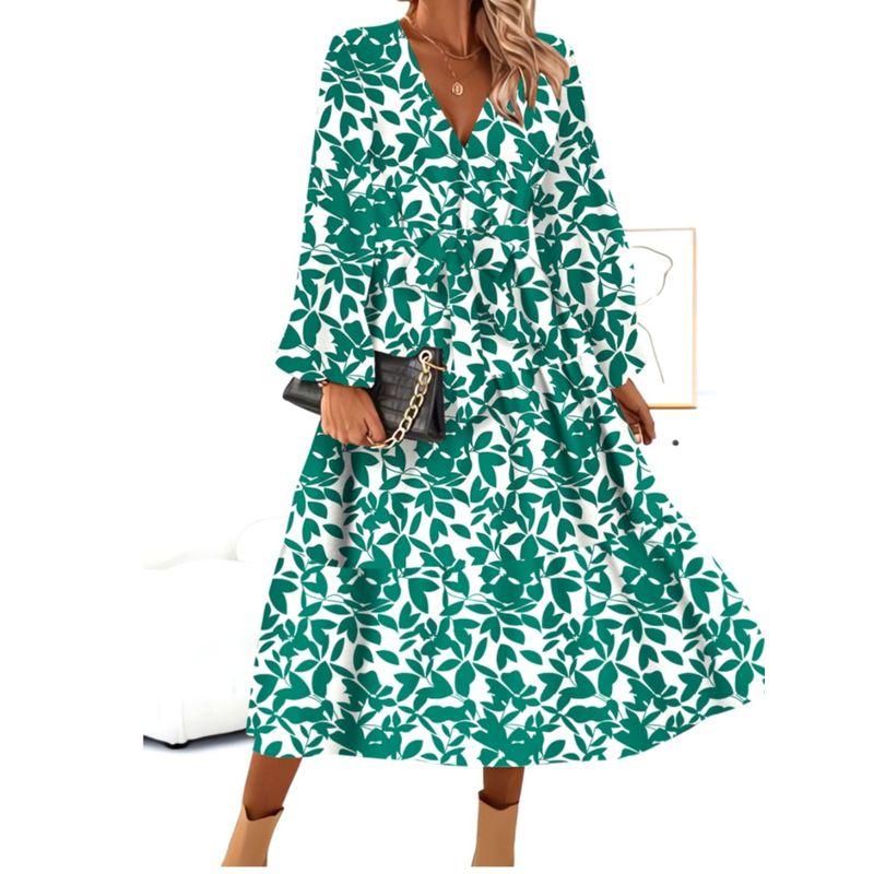 Bohemia European American Summer New Fashion V Neck Leaves Print Horn Long Sleeves Mid Length Long Length Dress Dress