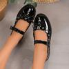 Fashion Fashion Bow Mary Jane Flat Shoes for Women Ankle Strap Soft Sole Single Shoes Woman Patent Leather Metal Decor Flats Plus Size