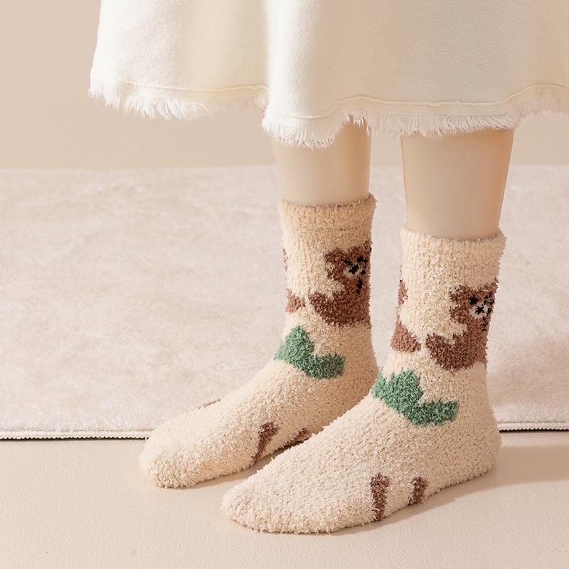 Coral fleece autumn and winter socks women's fleece thickened cartoon bear medium tube socks warm and comfortable home sleeping floor socks