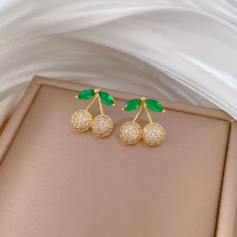 Green Leaf Cherry Necklace Earrings Set Light Luxury Slightly Inlaid Personalized Temperament Banquet Earrings Necklace Combination