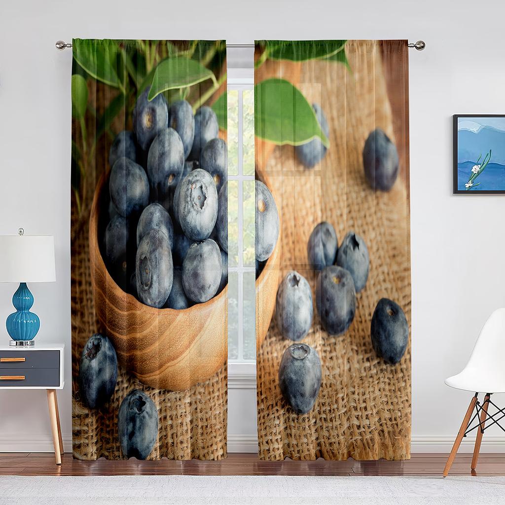 Blueberries Fruit Green Leaf Tulle Curtains for Living Room Bedroom Decoration Chiffon Sheer Voile Kitchen Window Curtain Drapes