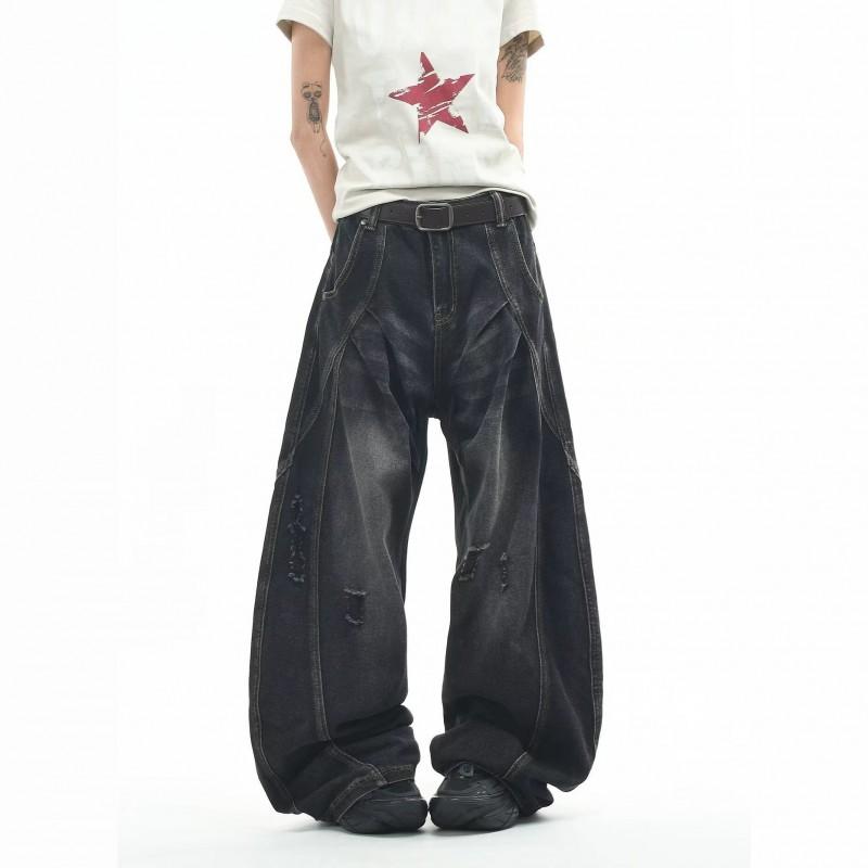 Vintage Washed Distressed Wide Leg Straight Jeans Men Women Loose Fit Casual Denim Pants