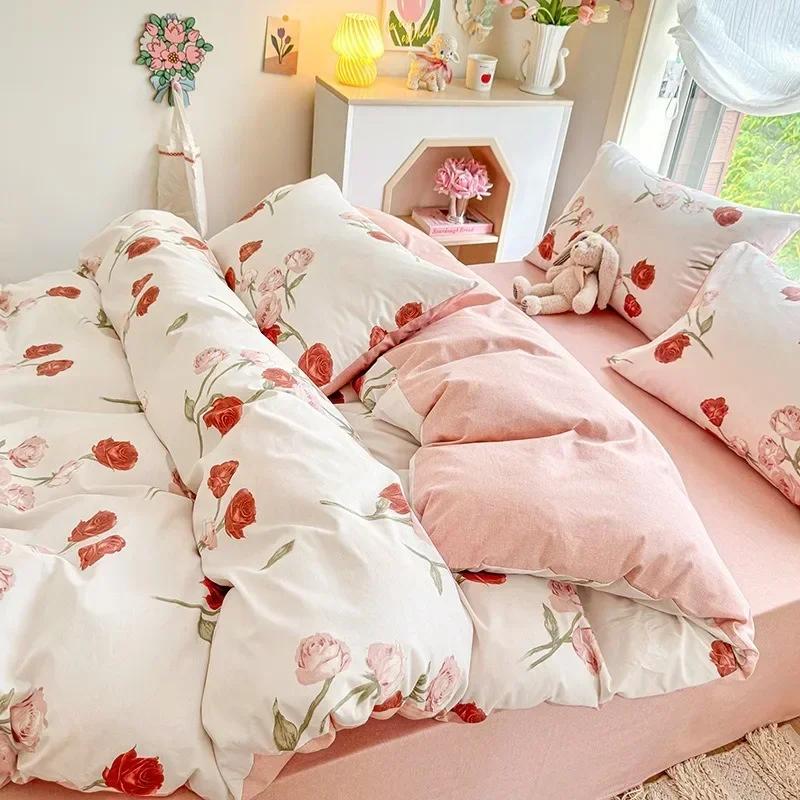 3/4pcs/set 100% Cotton Floral Pattern Duvet Cover Set with Pillowcase Sheet Home Twin Single Queen Size Boys Girls Bedding Sets