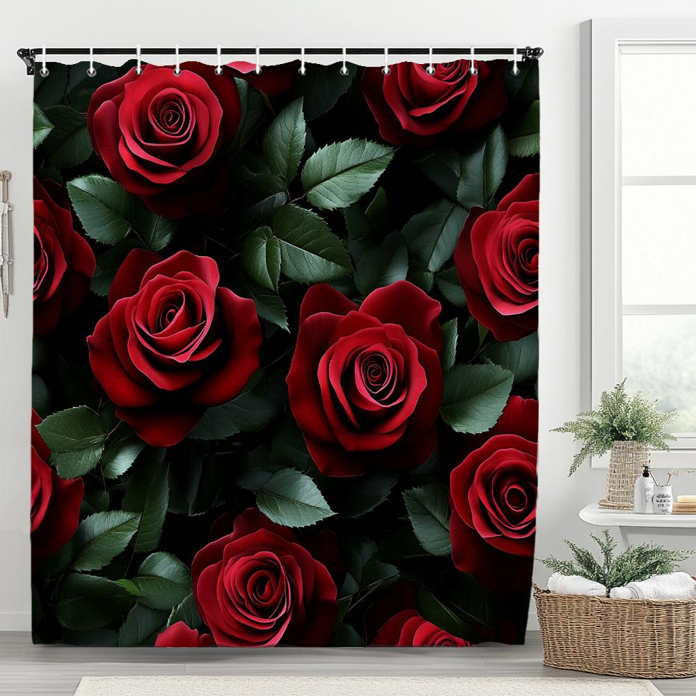 Rosebud Shower Curtain, Floral Plants, Spring Bathroom Decorative Shower Curtain, Waterproof Shower Curtain With Hooks
