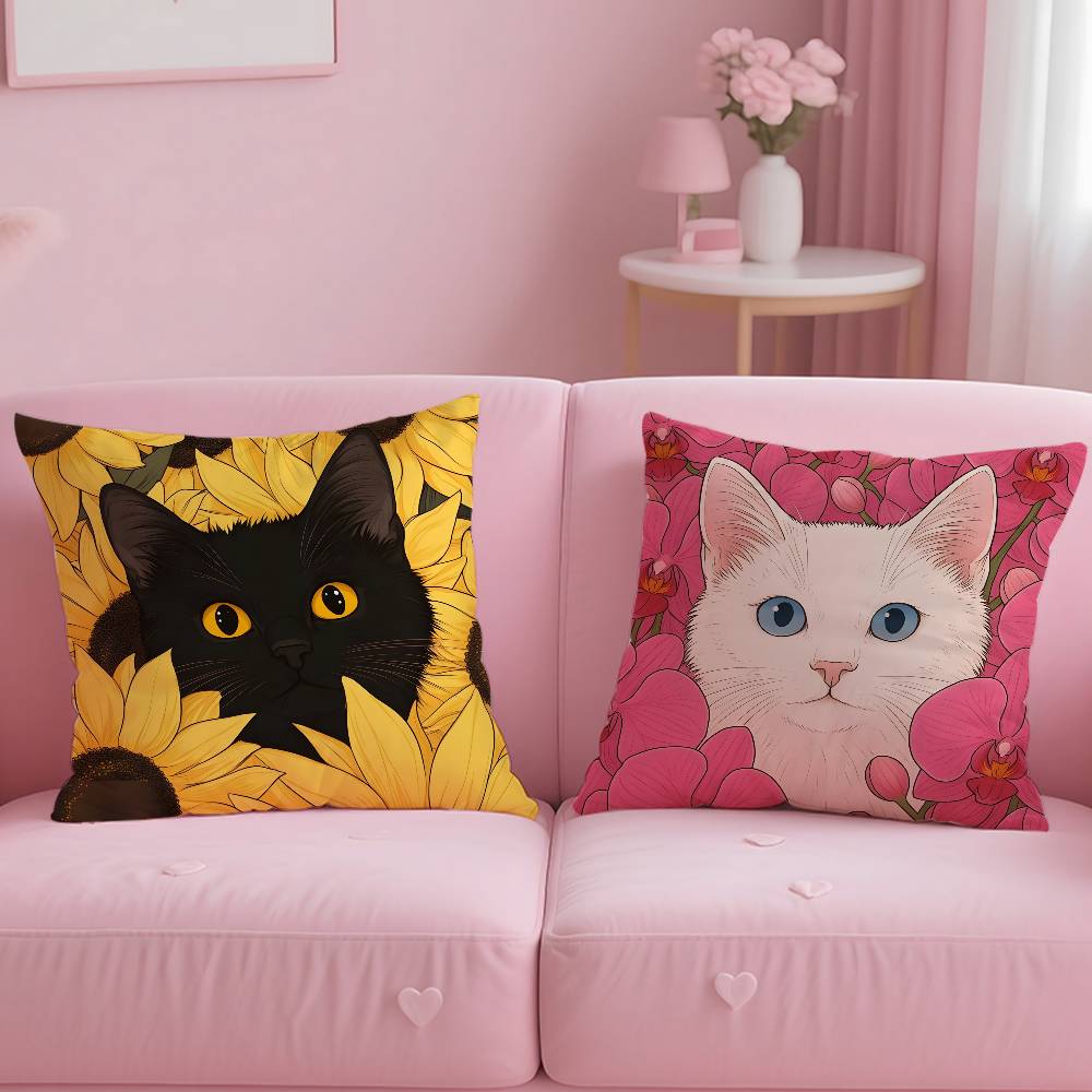 Cat In the Flowers Aesthetic Pillow Case Pattern Printing Pillowcase Living Room Sofa Cushion Cover Bedroom Room Decor