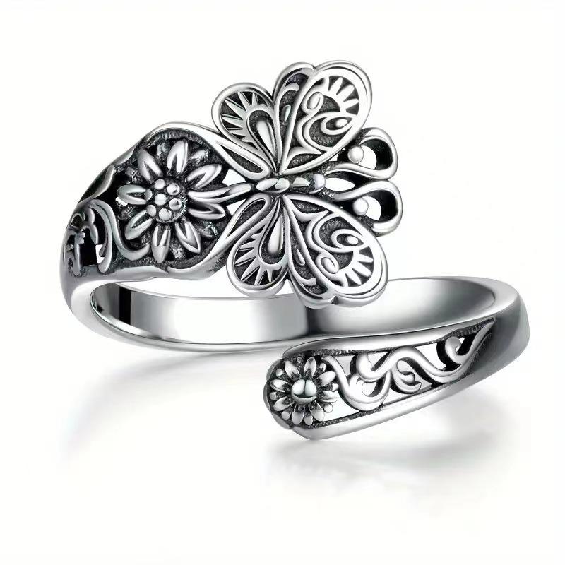 Retro Butterfly Floral Adjustable Ring - Open, Versatile, and Stylish. Adjustable Open