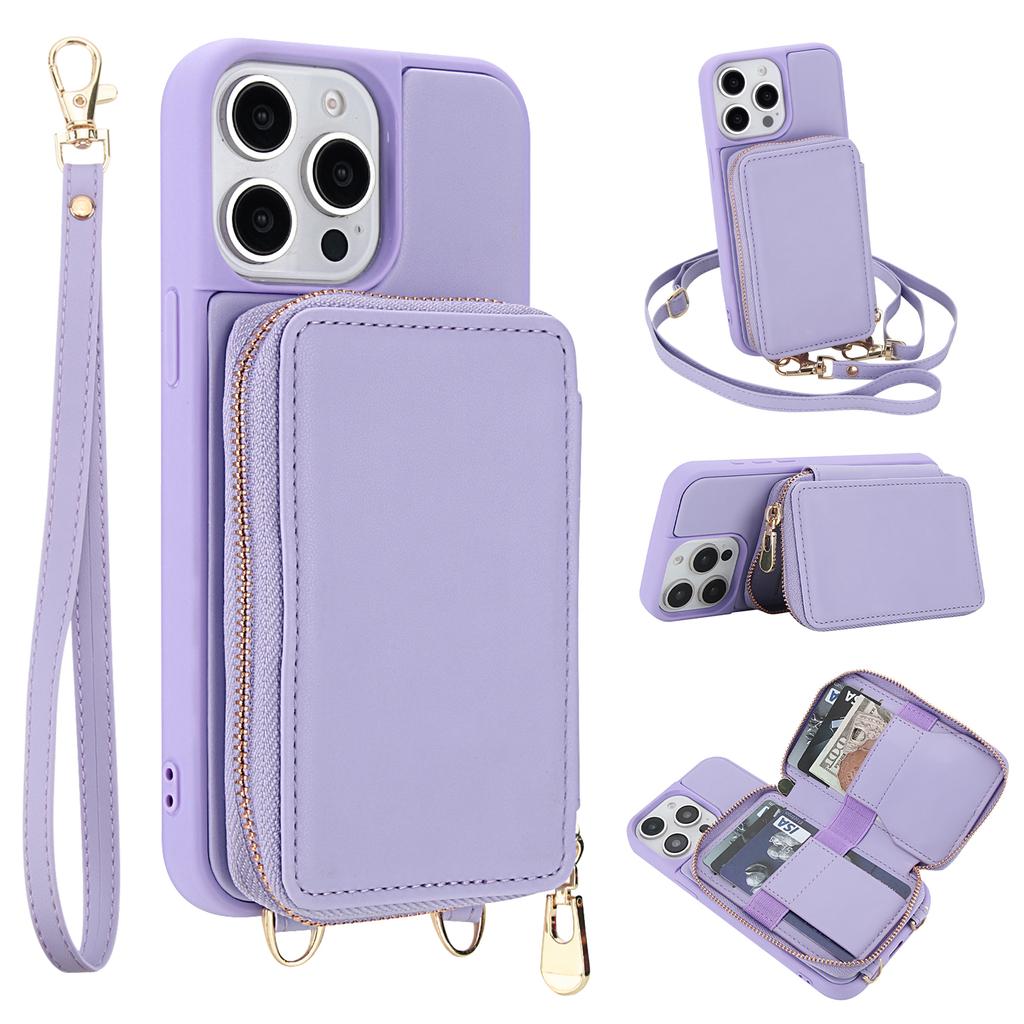 For iPhone 15 Pro Max Case RFID Blocking Zipper Wallet Leather + TPU Phone Cover with Shoulder Strap