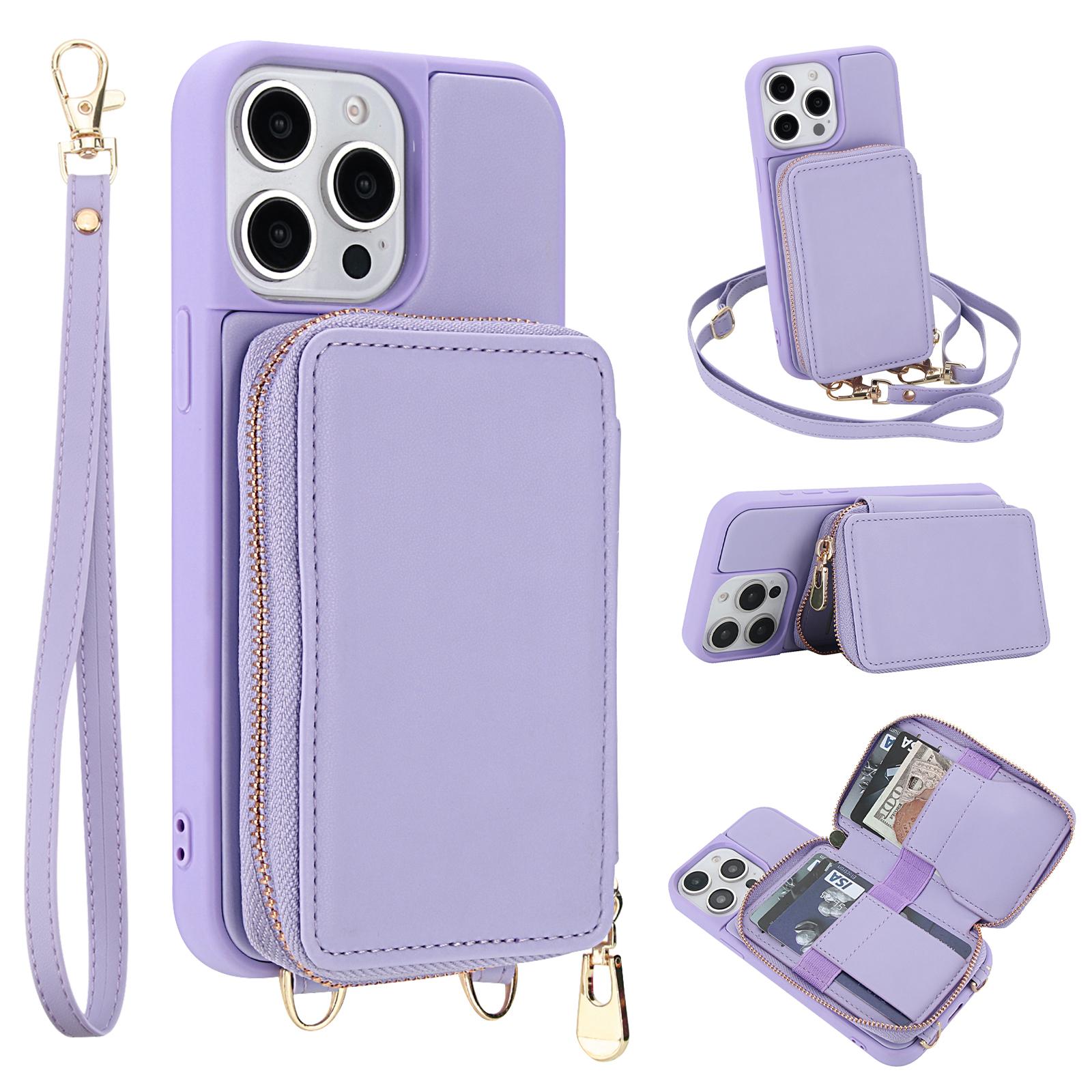 

For iPhone 14 Pro Max Case RFID Blocking Zipper Wallet Leather + TPU Phone Cover with Shoulder Strap