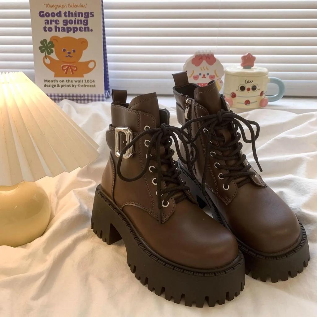 Fashion Leather Woman Short Shoes With Laces Chunky Heel Height Increasing Booties High Quality Hot Sale Y2k Goth Ankle Boots for Women