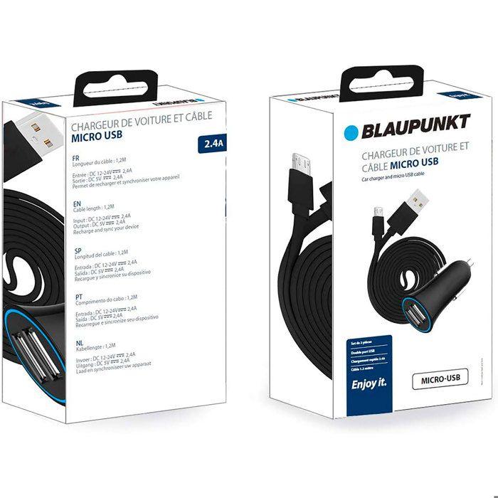 Chargeur de Voiture avec 2 Sorties USB et Câble Micro USB, 5V, 1,2 m Blaupunkt BLP0207 Noir 00874