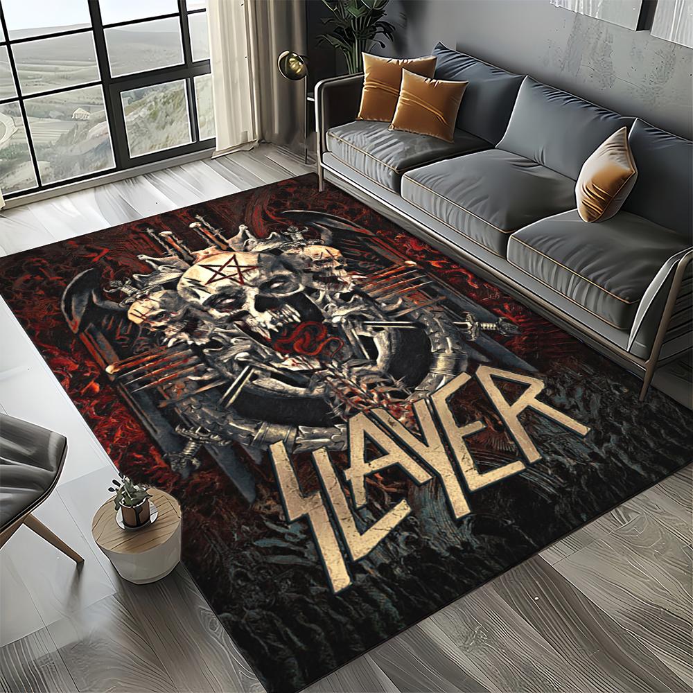 Tapete de Chão 3D Retro Band Slayer Heavy Metal Rock Sinal para Sala de Estar Quarto Casa Decoração de Sofá, Tapete Antiderrapante para Brincar de Criança