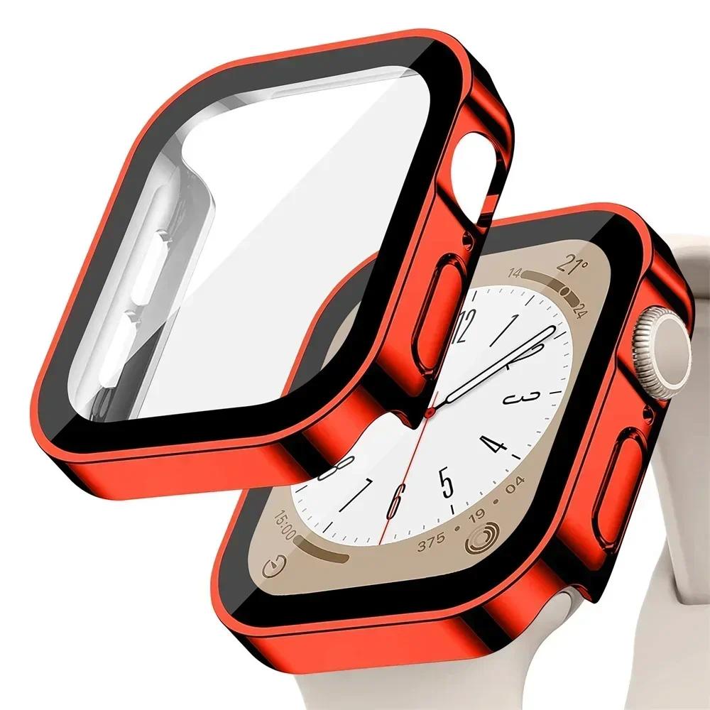 Glass+Case For Apple Watch 42 46mm 45mm 41mm 49mm 44mm 40mm Straight Edge Screen Protector Cover Case iWatch SE 6 7 8 9 10 Ultra
