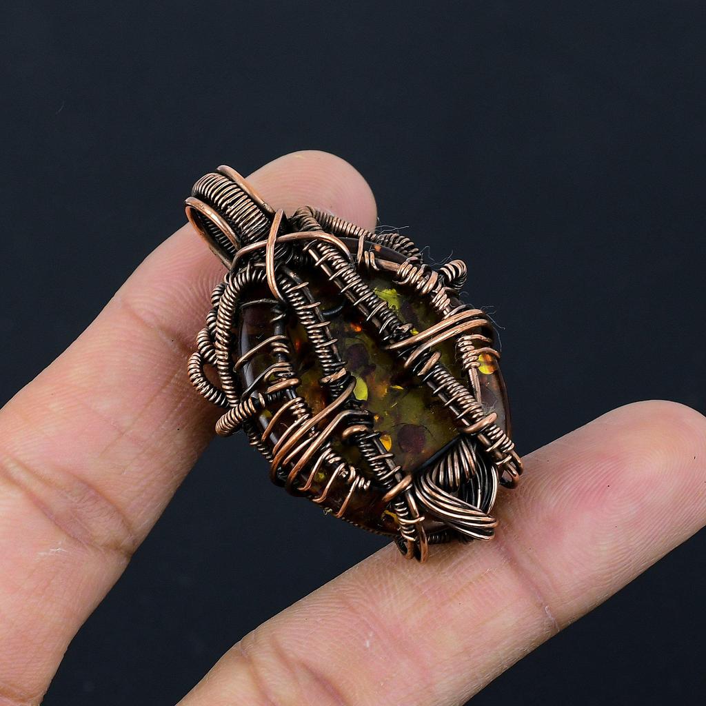 Bernsteinanhänger aus dem Baltikum, mit 999er Kupferdraht umwickeltes Edelsteinschmuckstück, handgefertigter Anhänger für den Muttertag