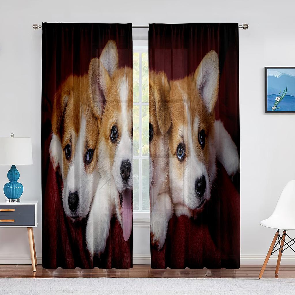 Corgi In The Flower Field Puppy Dog Sheer Curtains Window Treatment for Kitchen Living Room Bedroom Decor Modern Tulle Curtains