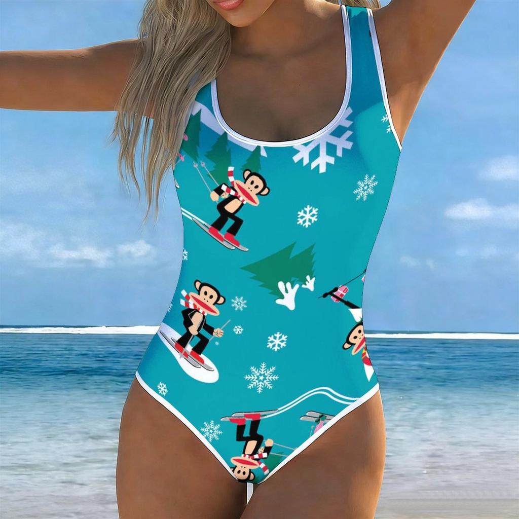 Summer Sexy Cartoon Pattern Printed One-piece Swimsuit Slim Fit , Deep U-back Design, Beach Pool Vacation Eye-catching Fashion Swimsuit