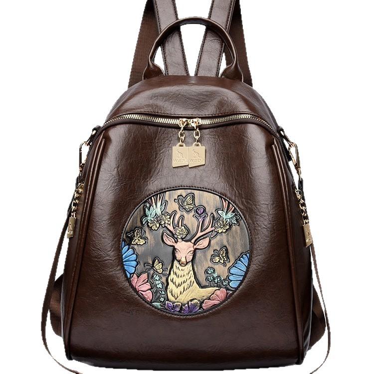 Schoolbag1011 National Style Embroidered Women's Backpack, Jixiang PU Waterproof Student Schoolbag, Support One Click