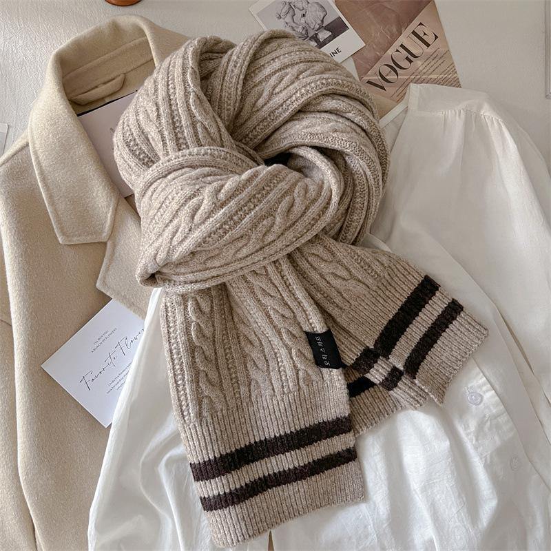 Striped two-color wool knitted scarf women's winter versatile trend cute girl student warm scarf