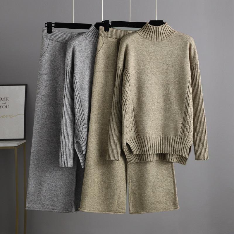 Autumn and winter new fashion sweater set drape knitted wide-leg pants two-piece set women's fashion trend