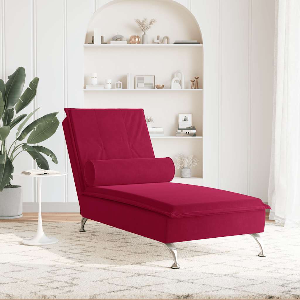 Massage Chaise Lounge with Neck Roll Burgundy Velvet