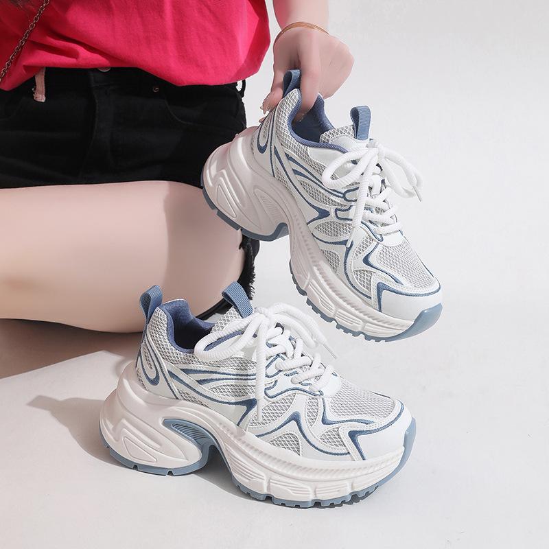 Leather mesh breathable platform women's shoes summer new small height increase versatile casual shoes