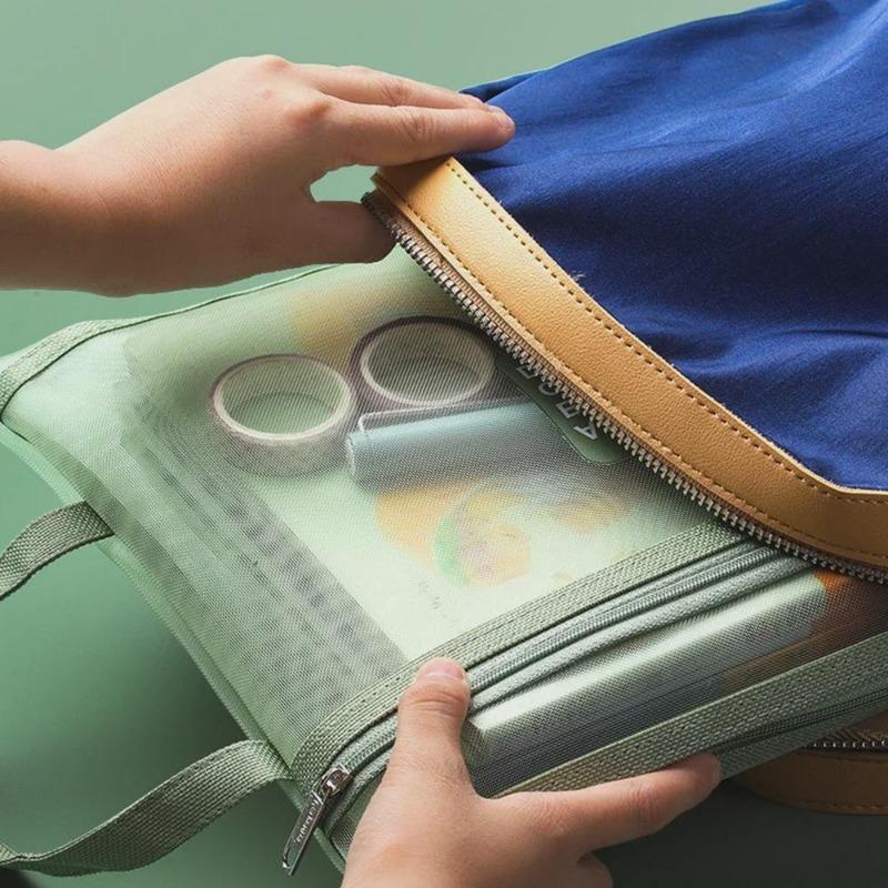 A4 Stationery Storage Bag Double-layer Mesh Zipper Bag Large Capacity Organizer Cosmetic Makeup Bag Transparent File Folders LS