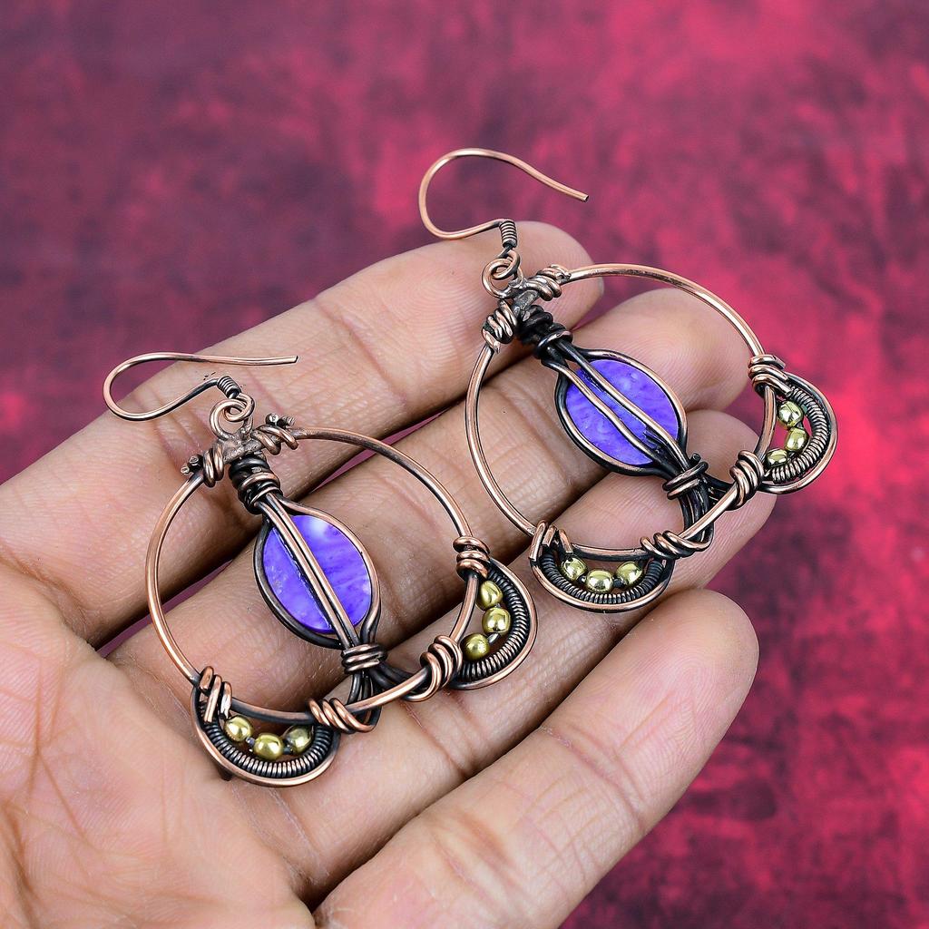 Charoite earring copper wire wrapped earrings gemstone earring Charoite jewelry handmade earring copper wire wrapped jewelry gifts for wife