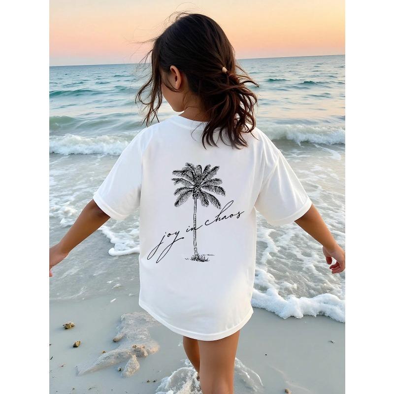 

European size Girls round neck short sleeved T shirt with coconut tree pattern print 98cm белый