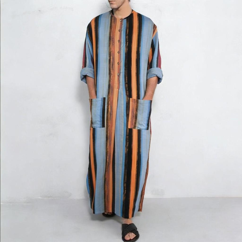 Southeast Asia Gradient Stripe Stand Collar Long Sleeve Muslim Robe for Men