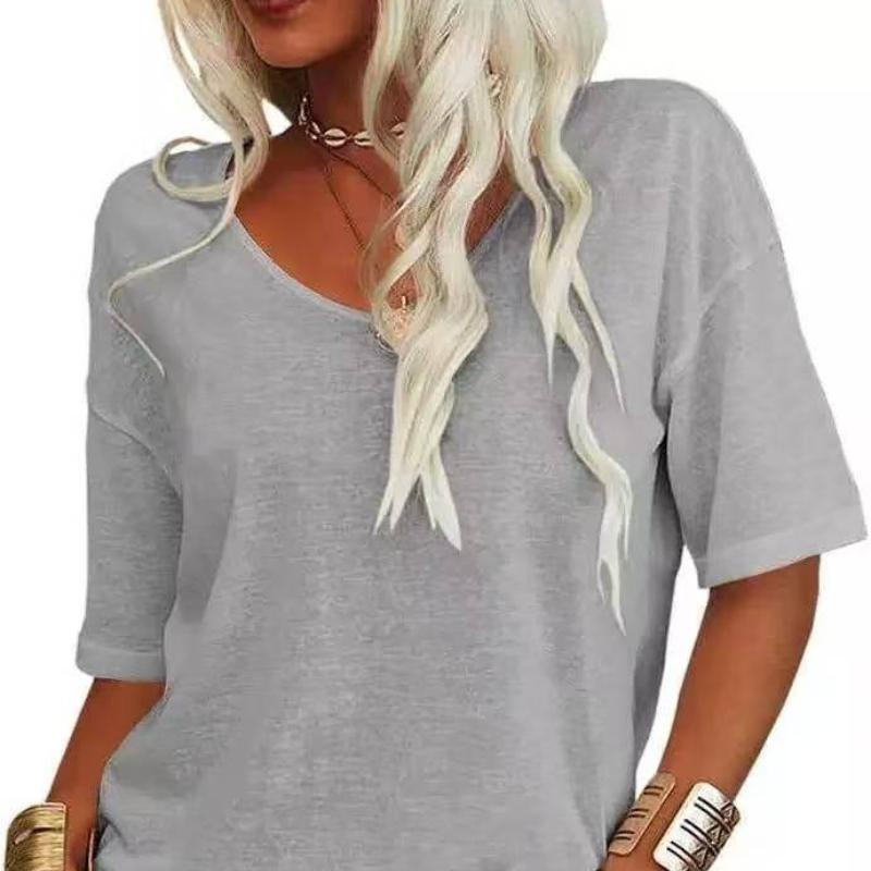 Camiseta feminina gola V casual verão manga curta top solto cor sólida camiseta
