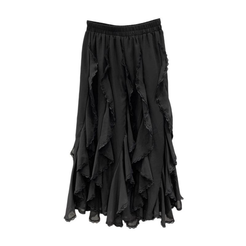 Irregular lace splicing chiffon skirt women's spring and summer new fashion high waist and thin a word big swing skirt